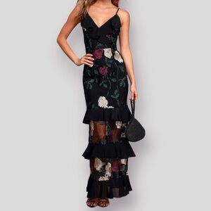 Lulu's Black Floral Ruffle tiered Maxi Dress with Pink & Cream Roses